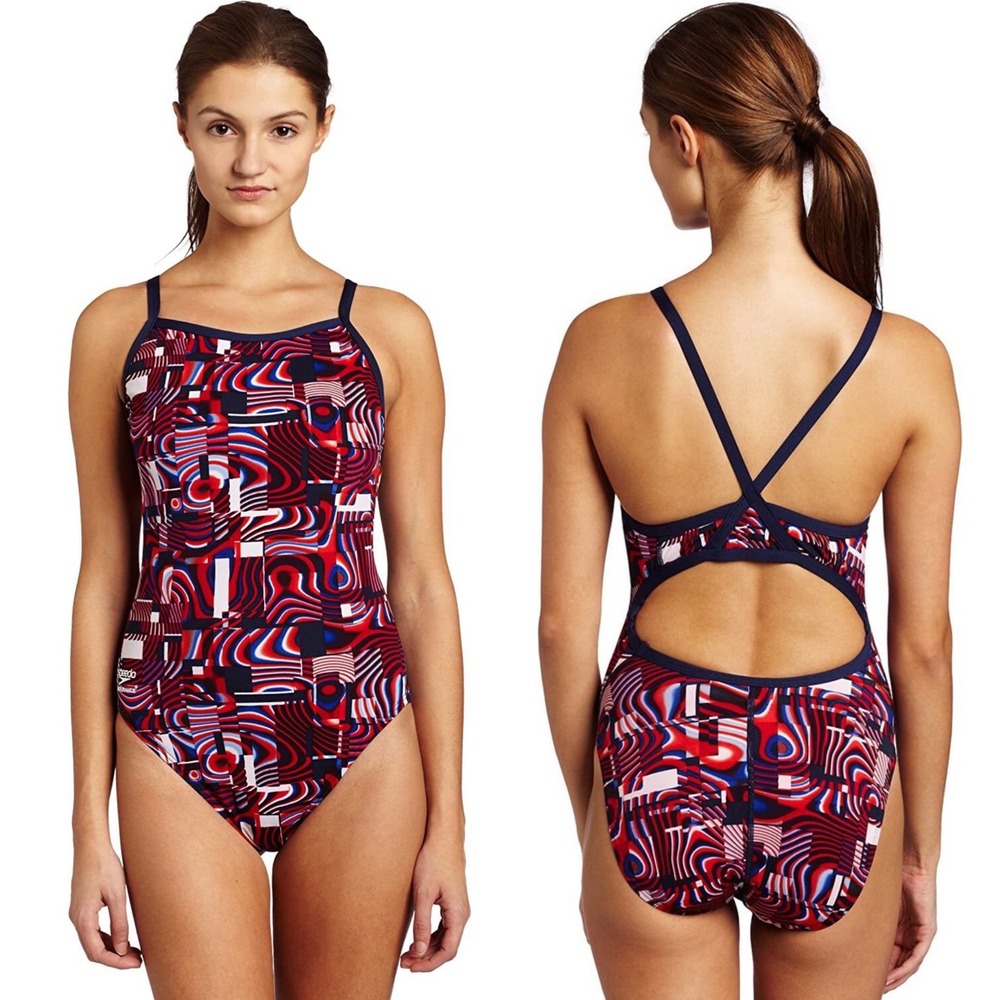 Speedo Endurance One Piece Swimsuit Red White Blue Geometric Print 32